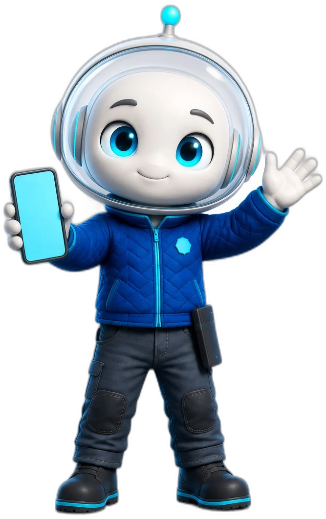 JoltGPT mascot in a blue jacket and clear helmet, waving and holding a phone